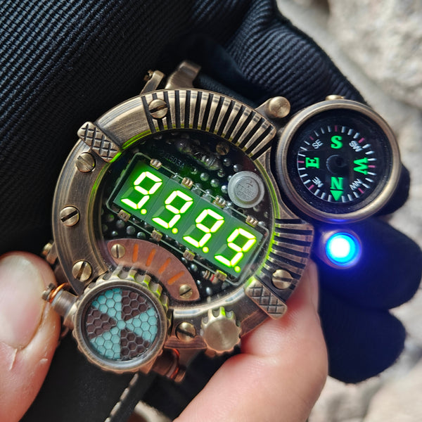 Brass wrist watch yellow/green led , handmade, Made in Italy