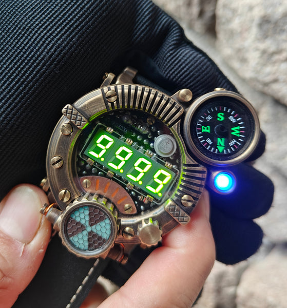 Brass wrist watch yellow/green led , handmade, Made in Italy