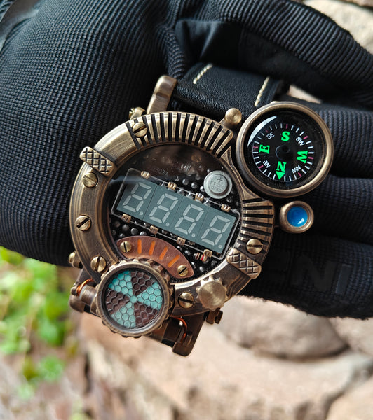 Brass wrist watch yellow/green led , handmade, Made in Italy