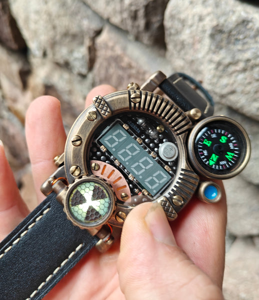 Brass wrist watch yellow/green led , handmade, Made in Italy