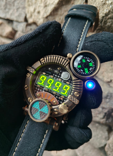 Brass wrist watch yellow/green led , handmade, Made in Italy