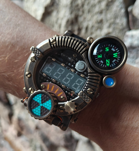 Brass wrist watch yellow/green led , handmade, Made in Italy
