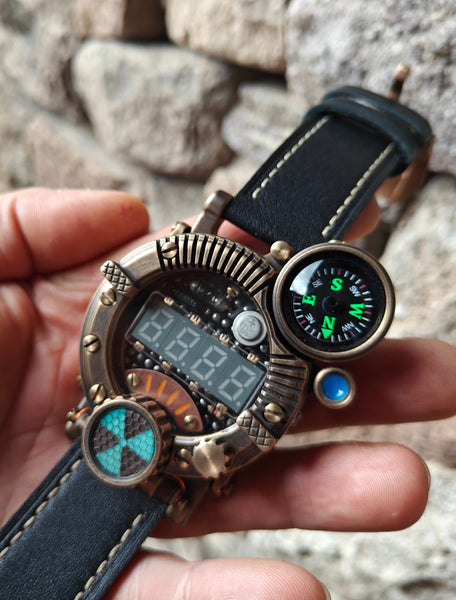 Brass wrist watch yellow/green led , handmade, Made in Italy