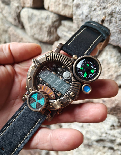 Brass wrist watch yellow/green led , handmade, Made in Italy