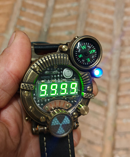 Brass wrist watch yellow/green led , handmade, Made in Italy