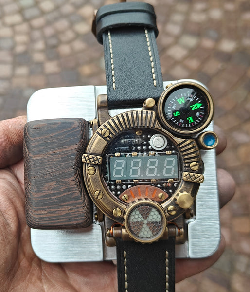 Brass wrist watch yellow/green led , handmade, Made in Italy