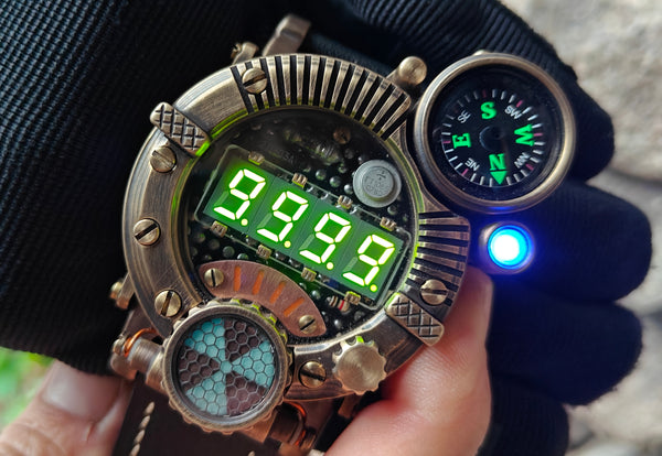 Brass wrist watch yellow/green led , handmade, Made in Italy