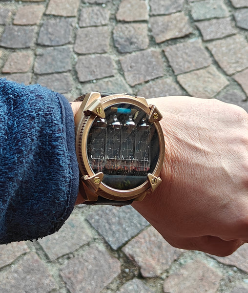 Nixie watch, handmade Bronze watch, with accelerometer, Made in Italy