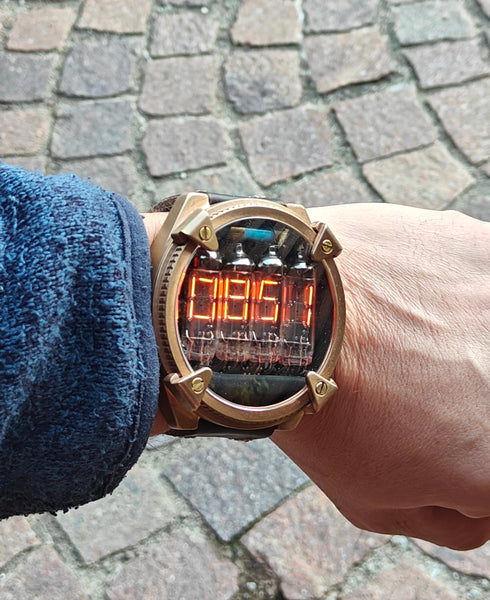Nixie watch, handmade Bronze watch, with accelerometer, Made in Italy