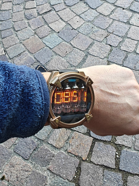 Nixie watch, handmade Bronze watch, with accelerometer, Made in Italy