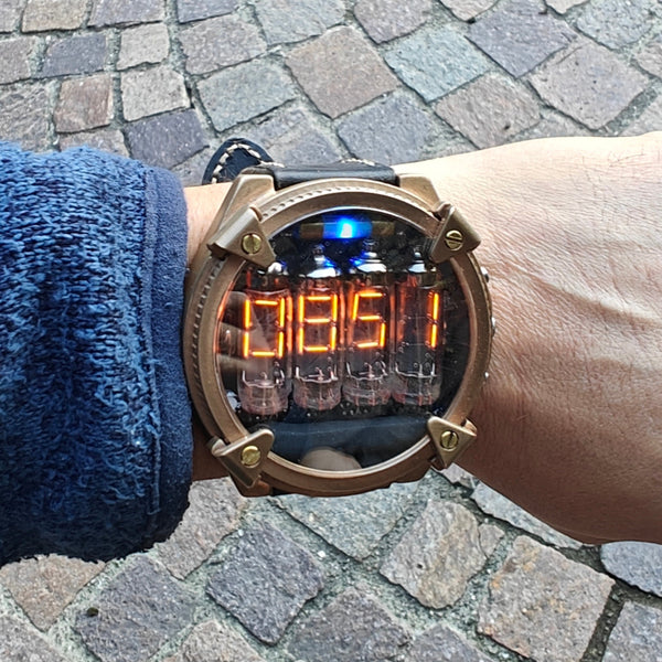 Nixie watch, handmade Bronze watch, with accelerometer, Made in Italy