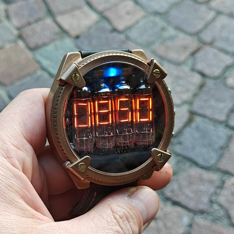 Nixie watch, handmade Bronze watch, with accelerometer, Made in Italy