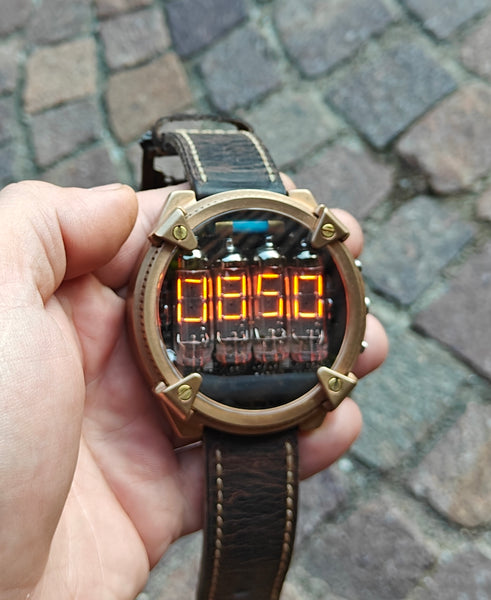 Nixie watch, handmade Bronze watch, with accelerometer, Made in Italy