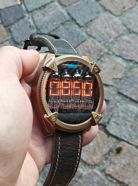 Nixie watch, handmade Bronze watch, with accelerometer, Made in Italy