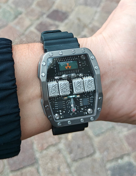 Titanium wrist watch green or red led , handmade, Made in Italy