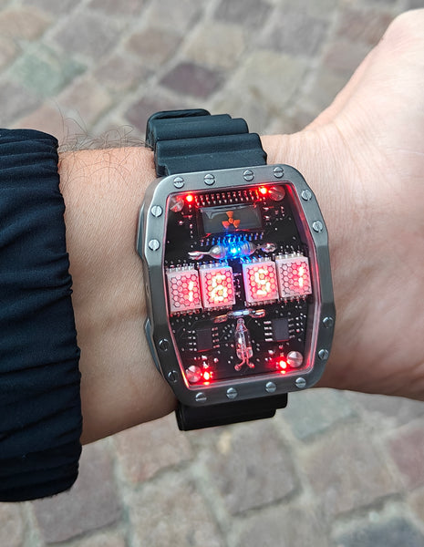 Titanium wrist watch green or red led , handmade, Made in Italy