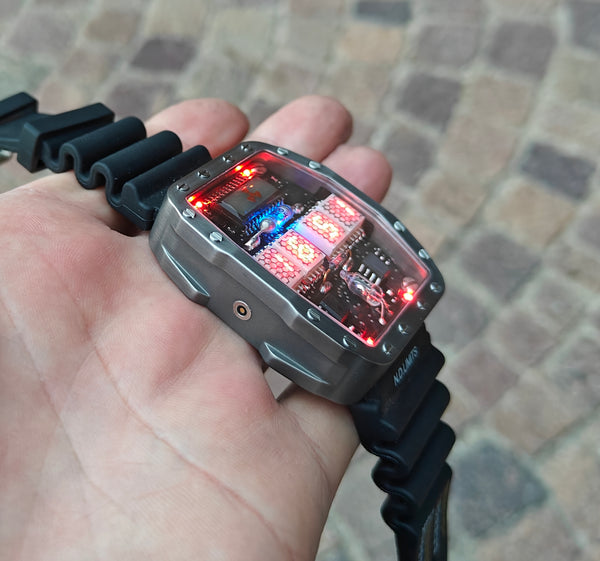Titanium wrist watch green or red led , handmade, Made in Italy