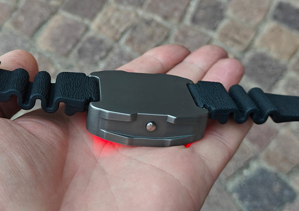 Titanium wrist watch green or red led , handmade, Made in Italy