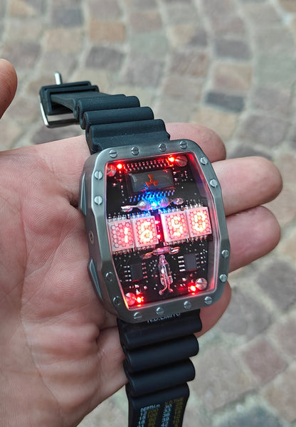 Titanium wrist watch green or red led , handmade, Made in Italy