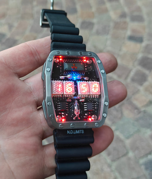 Titanium wrist watch green or red led , handmade, Made in Italy