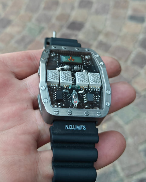 Titanium wrist watch green or red led , handmade, Made in Italy