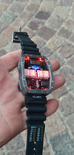 Titanium wrist watch green or red led , handmade, Made in Italy