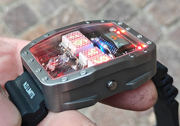 Titanium wrist watch green or red led , handmade, Made in Italy