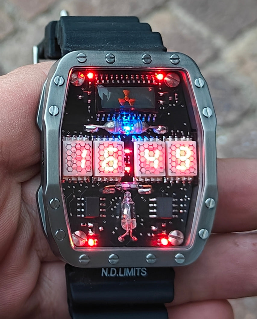 Titanium wrist watch green or red led , handmade, Made in Italy