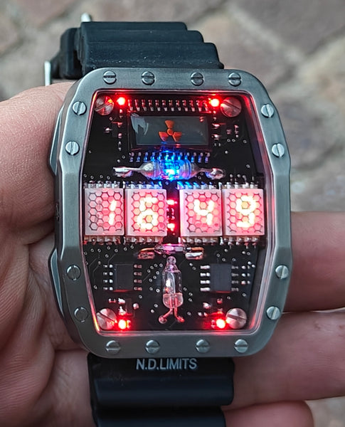 Titanium wrist watch green or red led , handmade, Made in Italy