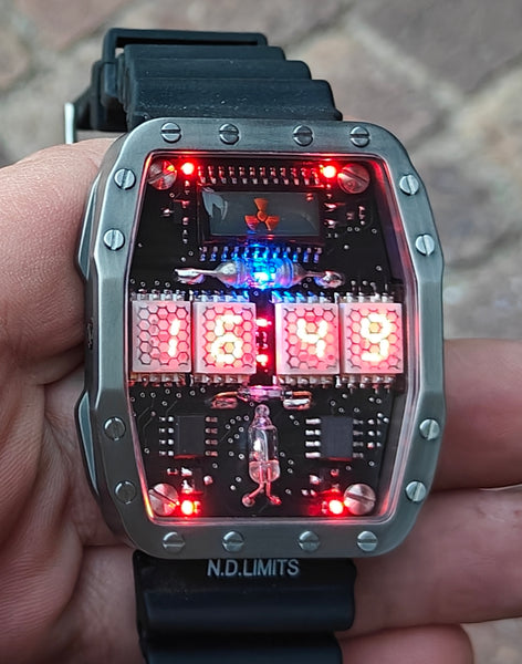 Titanium wrist watch green or red led , handmade, Made in Italy