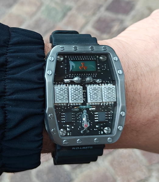 Titanium wrist watch green or red led , handmade, Made in Italy