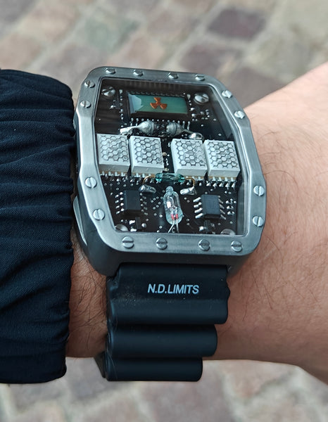 Titanium wrist watch green or red led , handmade, Made in Italy