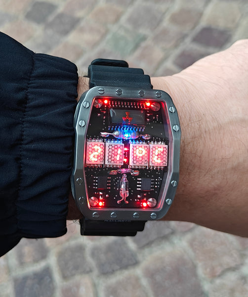 Titanium wrist watch green or red led , handmade, Made in Italy