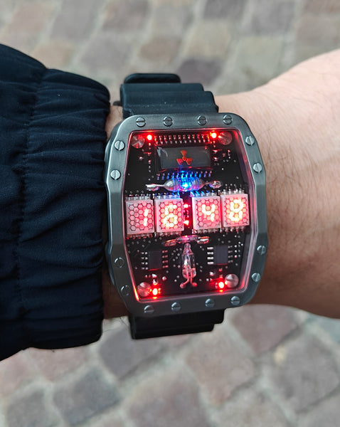 Titanium wrist watch green or red led , handmade, Made in Italy