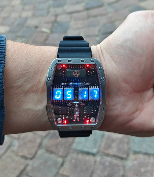 Titanium wrist watch Blue led , handmade, Made in Italy