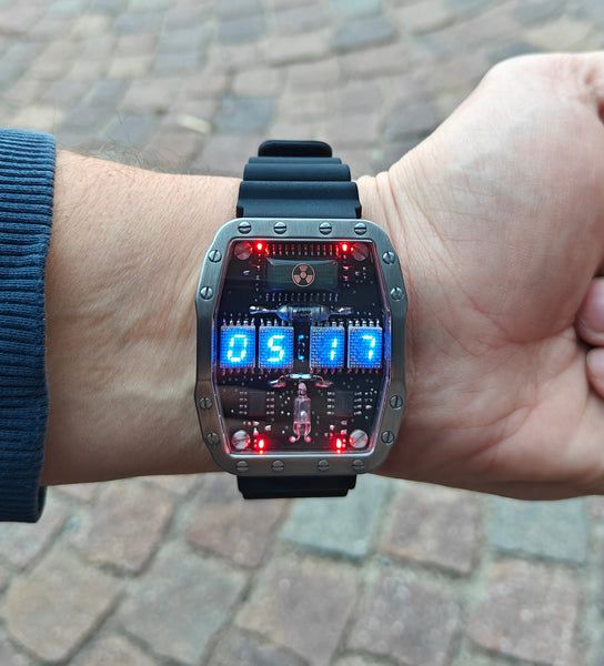 Titanium wrist watch Blue led , handmade, Made in Italy