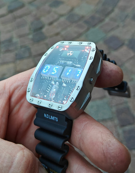 Titanium wrist watch Blue led , handmade, Made in Italy