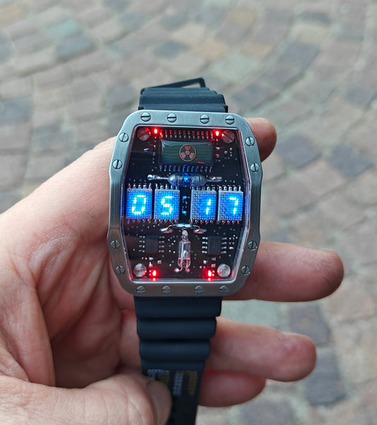 Titanium wrist watch Blue led , handmade, Made in Italy