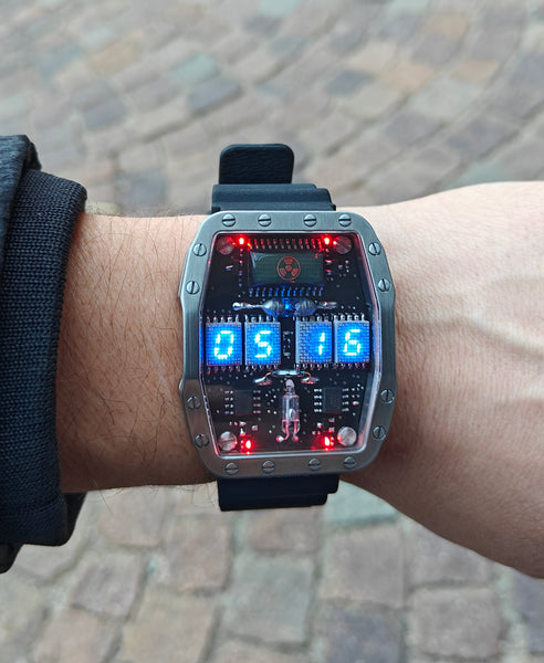 Titanium wrist watch Blue led , handmade, Made in Italy