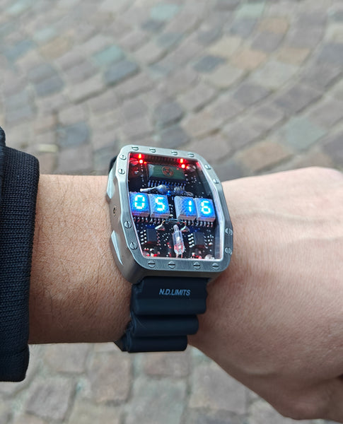 Titanium wrist watch Blue led , handmade, Made in Italy