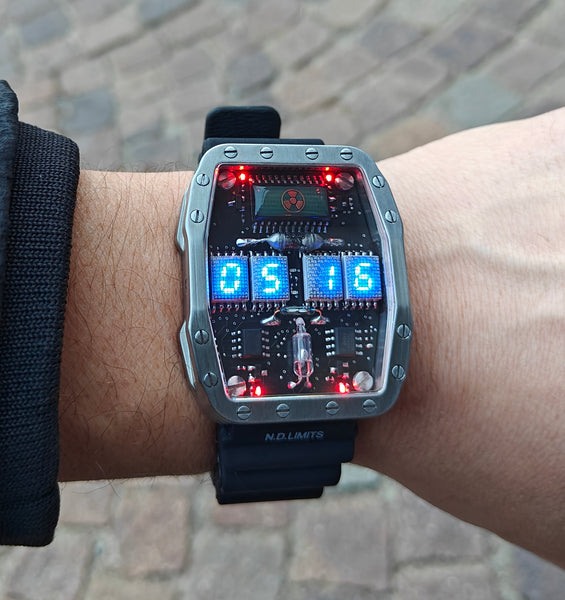 Titanium wrist watch Blue led , handmade, Made in Italy