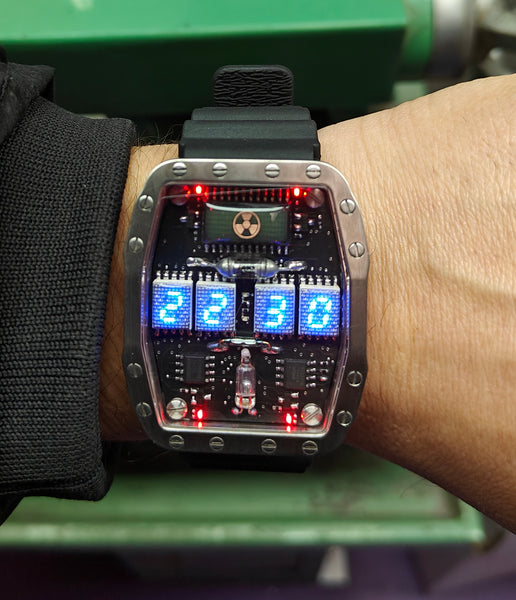 Titanium wrist watch Blue led , handmade, Made in Italy