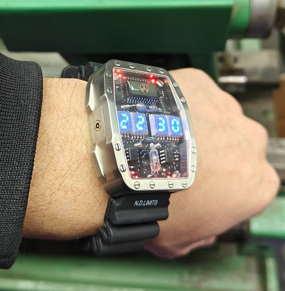 Titanium wrist watch Blue led , handmade, Made in Italy