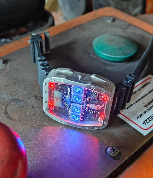 Titanium wrist watch Blue led , handmade, Made in Italy