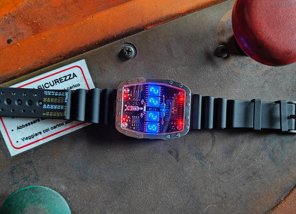 Titanium wrist watch Blue led , handmade, Made in Italy