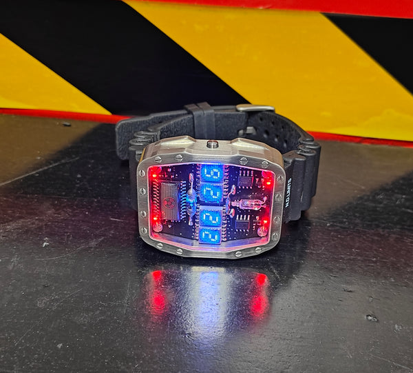 Titanium wrist watch Blue led , handmade, Made in Italy