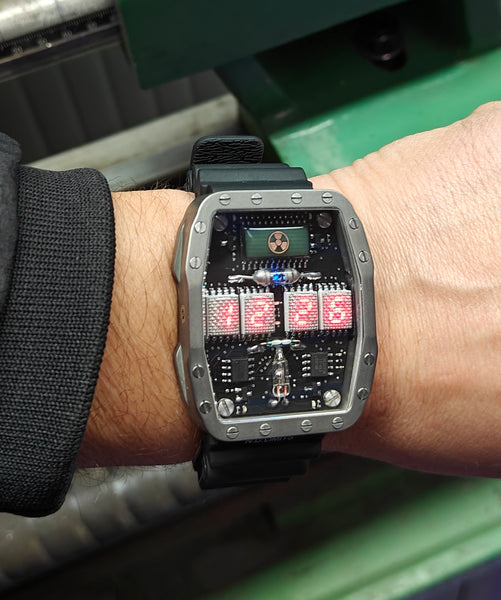 Titanium wrist watch red led , handmade, Made in Italy