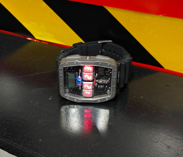 Titanium wrist watch red led , handmade, Made in Italy