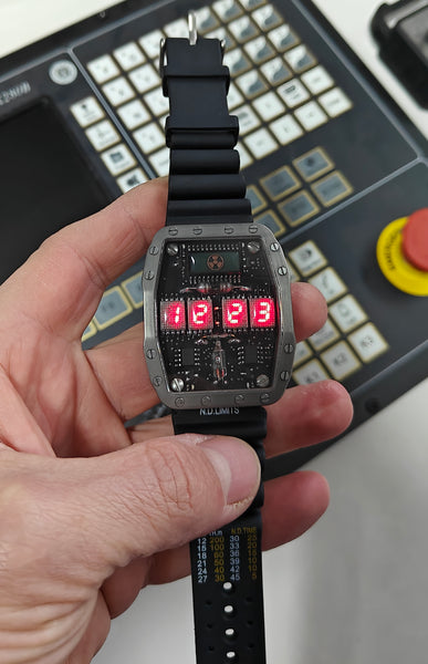 Titanium wrist watch red led , handmade, Made in Italy