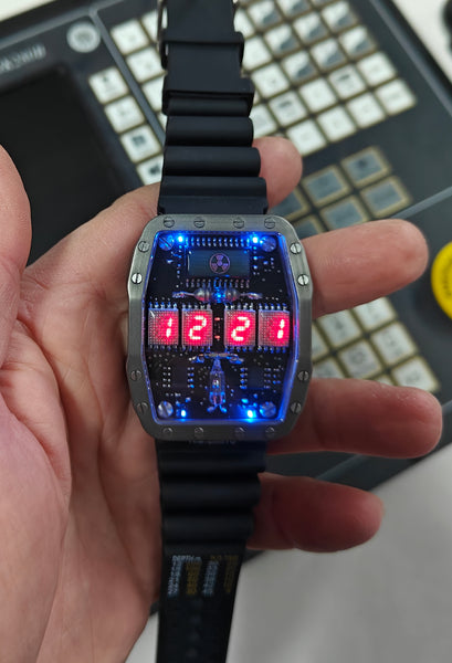 Titanium wrist watch red led , handmade, Made in Italy